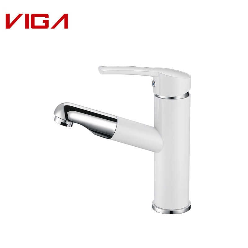 Faucet Sinc Ystafell Ymolchi, Basin Mixer Tap, Waterfall Single Lever, Chrome and White